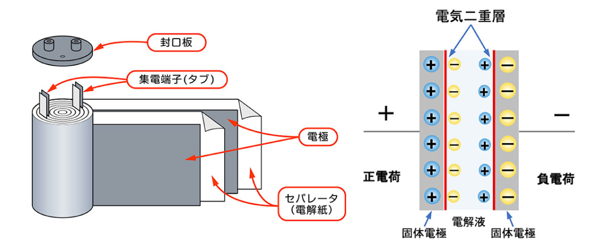電気二重層キャパシタ（EDLC）の構造図